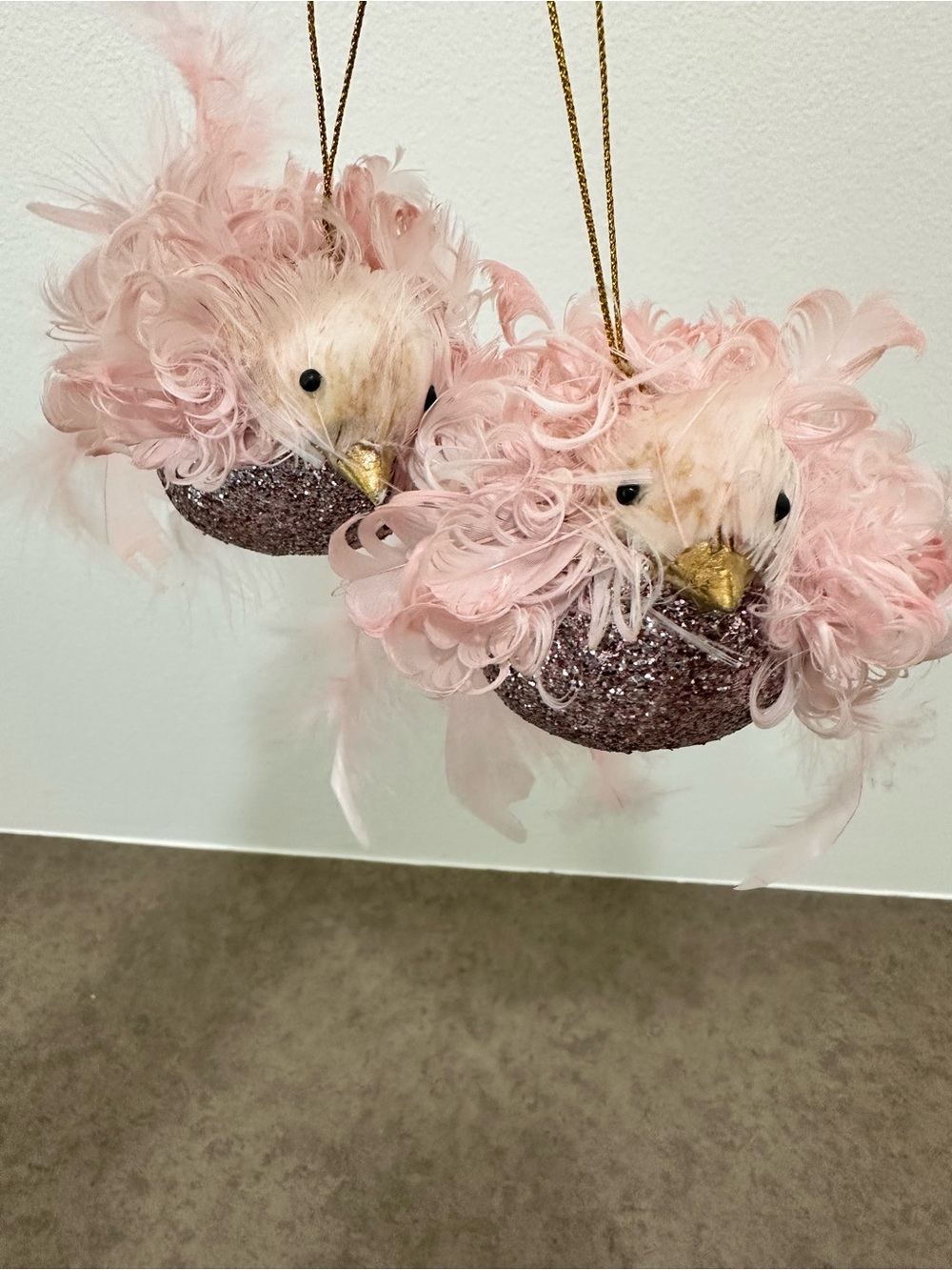 Pink Feathered Hanging Bird Ornaments Fluffy Glitter Set of 2 - Picture 3 of 5